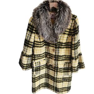 Juicy Couture Yellow Plaid Double Breasted Wool Coat
